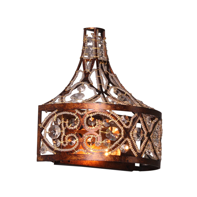 Dark Rust Drum Wall Light Fixture 2 Lights Antique Style Wrought Iron Wall Lamp with Crystal Bead for Corridor Clearhalo 'Art deco wall lights' 'Cast Iron' 'Glass' 'Industrial wall lights' 'Industrial' 'Middle century wall lights' 'Modern' 'Rustic wall lights' 'Tiffany' 'Traditional wall lights' 'Wall Lamps & Sconces' 'Wall Lights' Lighting' 156595