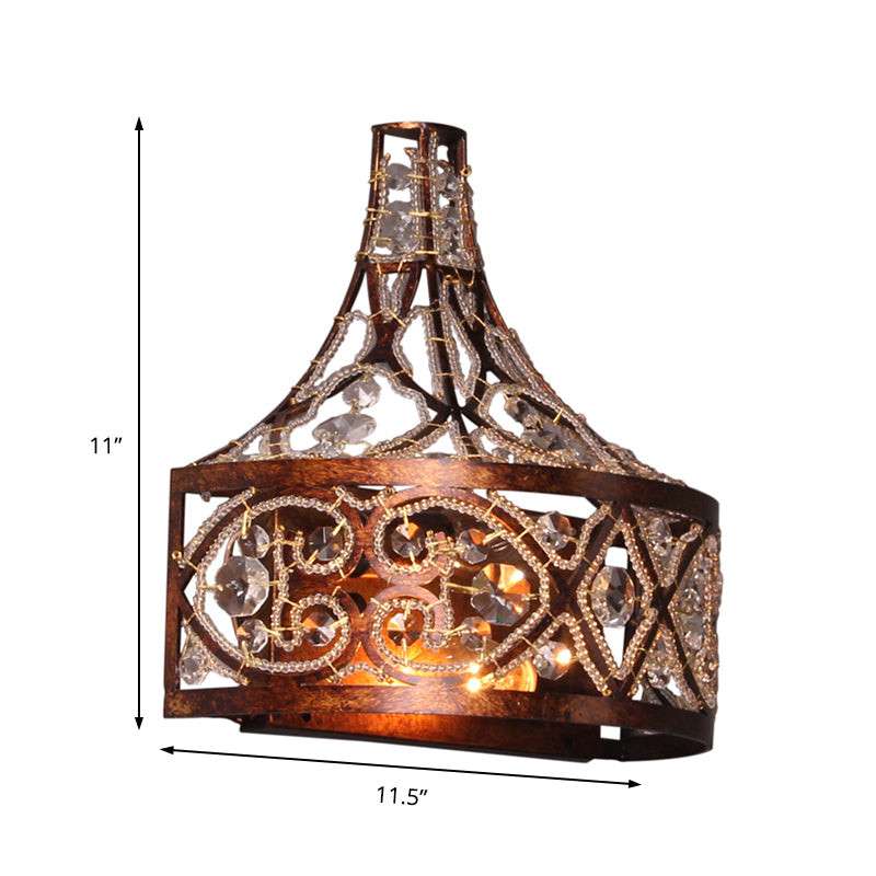 Dark Rust Drum Wall Light Fixture 2 Lights Antique Style Wrought Iron Wall Lamp with Crystal Bead for Corridor Clearhalo 'Art deco wall lights' 'Cast Iron' 'Glass' 'Industrial wall lights' 'Industrial' 'Middle century wall lights' 'Modern' 'Rustic wall lights' 'Tiffany' 'Traditional wall lights' 'Wall Lamps & Sconces' 'Wall Lights' Lighting' 156596