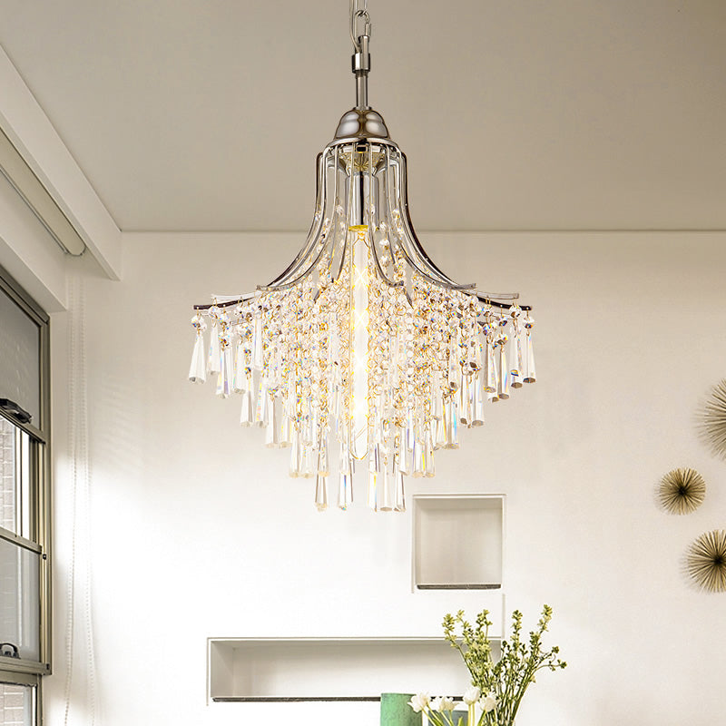 Vintage Style K9 Crystal Hanging Pendant Light 1 Light Chandelier Lamp in Polished Chrome Finish for Living Room Chrome Clearhalo 'Ceiling Lights' 'Modern Pendants' 'Modern' 'Pendant Lights' 'Pendants' Lighting' 157149