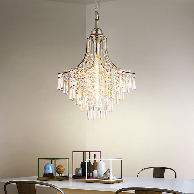 Vintage Style K9 Crystal Hanging Pendant Light 1 Light Chandelier Lamp in Polished Chrome Finish for Living Room Clearhalo 'Ceiling Lights' 'Modern Pendants' 'Modern' 'Pendant Lights' 'Pendants' Lighting' 157150