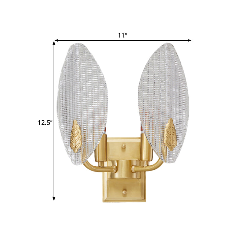 Brass 1/2-Bulb Sconce Light Vintage Clear Fluted Glass Leaf-Shaped Wall Lighting Idea Clearhalo 'Wall Lamps & Sconces' 'Wall Lights' Lighting' 1580592