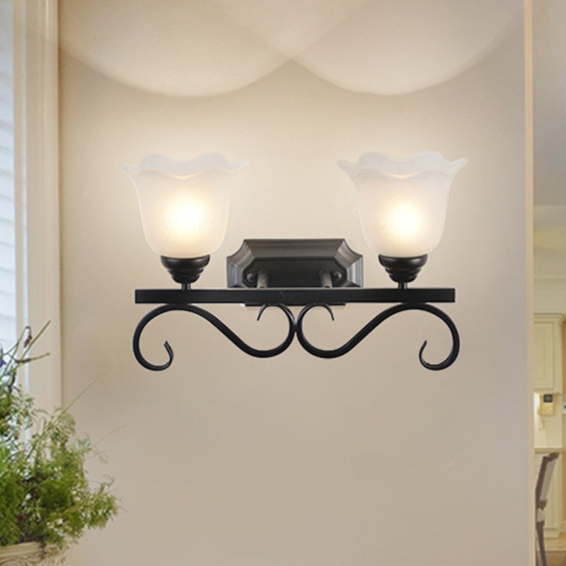 Frosted Glass Black Sconce Light Blossom Single Head Cottage Wall Lighting Idea for Guest Room Black Clearhalo 'Wall Lamps & Sconces' 'Wall Lights' Lighting' 1580598