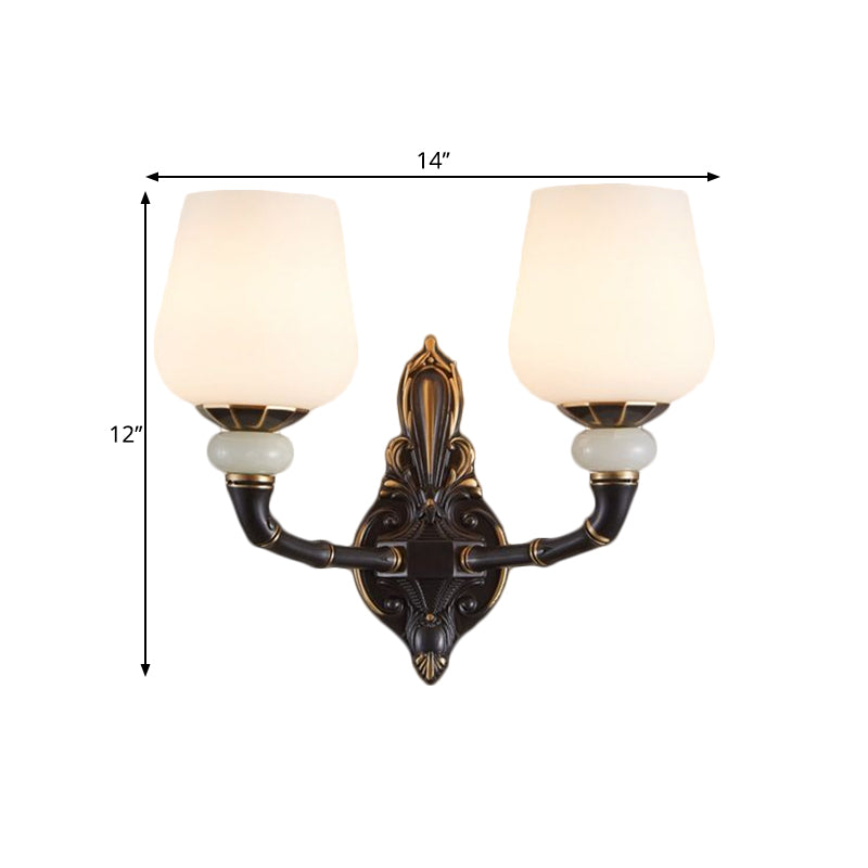 Cup-Like Bedside Sconce Lamp Retro Style Milky Glass 1/2-Bulb Black and Gold Wall Mount Light Fixture Clearhalo 'Wall Lamps & Sconces' 'Wall Lights' Lighting' 1580635