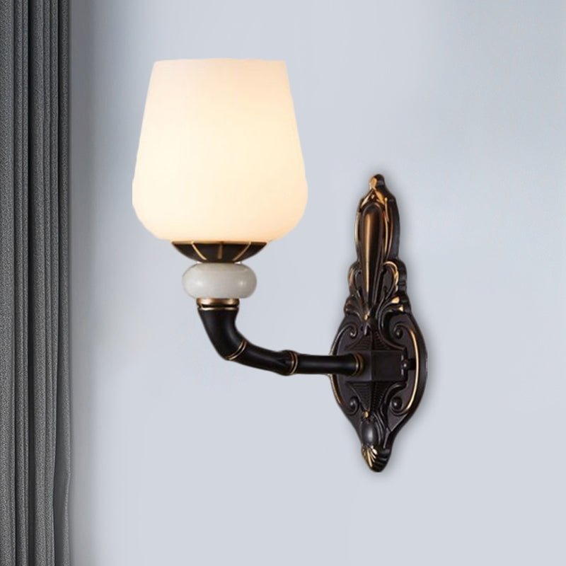 Cup-Like Bedside Sconce Lamp Retro Style Milky Glass 1/2-Bulb Black and Gold Wall Mount Light Fixture Clearhalo 'Wall Lamps & Sconces' 'Wall Lights' Lighting' 1580638