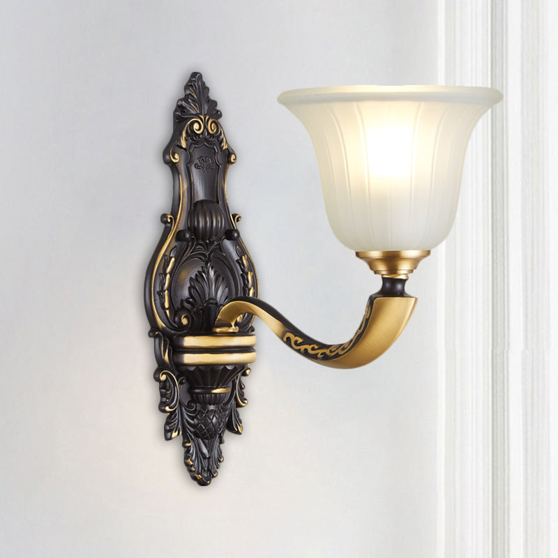 Farmhouse Bell Wall Lighting 1/2-Bulb White Fluted Glass Wall Mounted Lamp in Black and Gold Clearhalo 'Wall Lamps & Sconces' 'Wall Lights' Lighting' 1580674