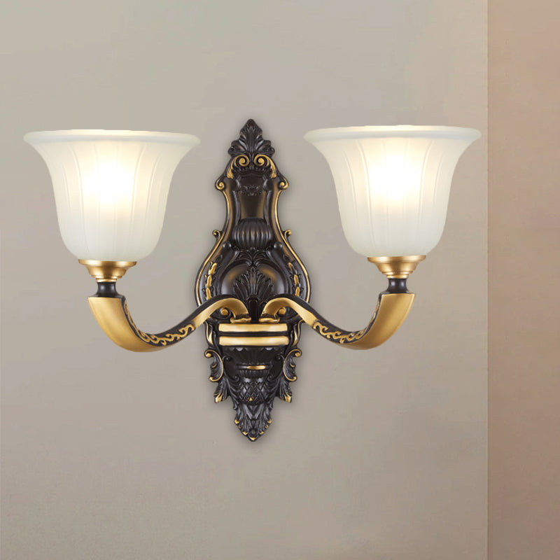 Farmhouse Bell Wall Lighting 1/2-Bulb White Fluted Glass Wall Mounted Lamp in Black and Gold Clearhalo 'Wall Lamps & Sconces' 'Wall Lights' Lighting' 1580678