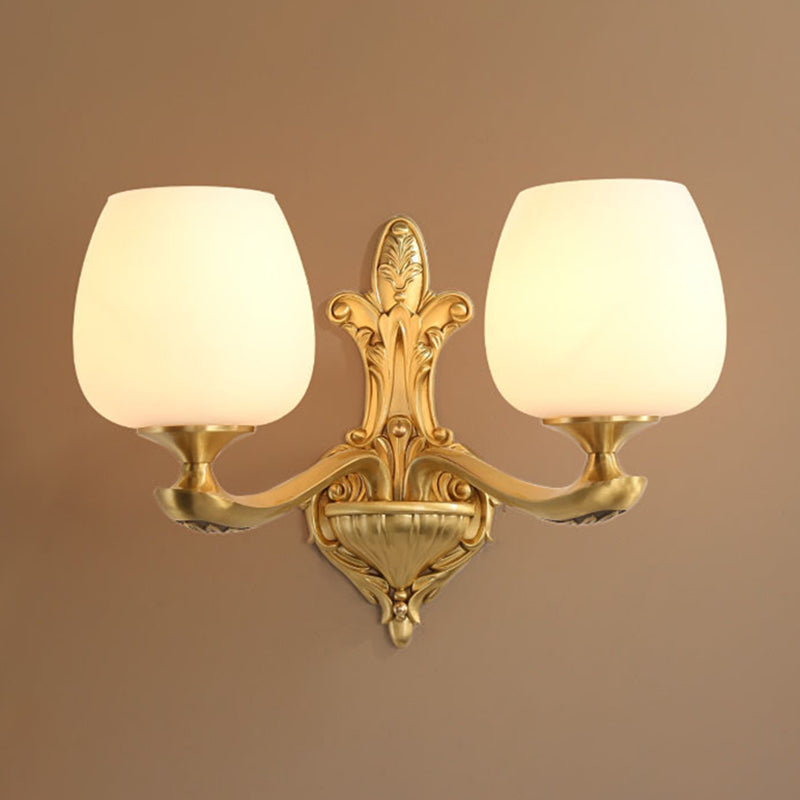 Brass 1/2-Light Wall Sconce Countryside Cream Glass Cup Shape Wall Lighting Fixture for Bedroom Clearhalo 'Wall Lamps & Sconces' 'Wall Lights' Lighting' 1580697