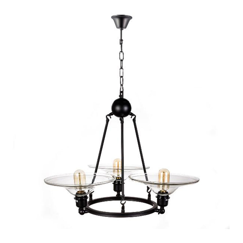 Black 3 Lights Chandelier Light Fixture Antique Clear Glass Cone Pendant Lamp for Living Room Clearhalo 'Ceiling Lights' 'Chandeliers' 'Glass shade' 'Glass' 'Industrial Chandeliers' 'Industrial' 'Middle Century Chandeliers' 'Pendant Lights' 'Tiffany' Lighting' 158072