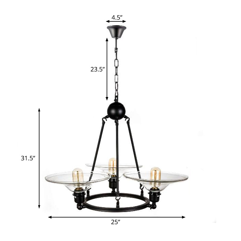 Black 3 Lights Chandelier Light Fixture Antique Clear Glass Cone Pendant Lamp for Living Room Clearhalo 'Ceiling Lights' 'Chandeliers' 'Glass shade' 'Glass' 'Industrial Chandeliers' 'Industrial' 'Middle Century Chandeliers' 'Pendant Lights' 'Tiffany' Lighting' 158073