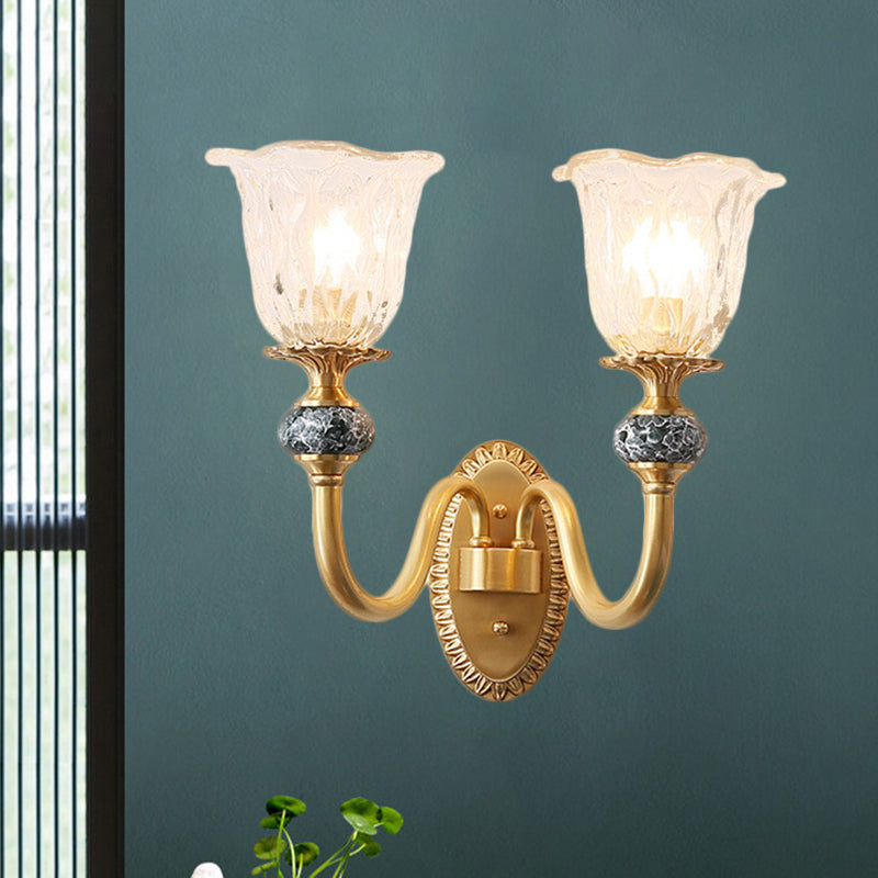 1/2-Head Floral Wall Mount Lamp Classic Style Brass Clear Ribbed Glass Wall Sconce Lighting with Swooping Arm Clearhalo 'Wall Lamps & Sconces' 'Wall Lights' Lighting' 1580785