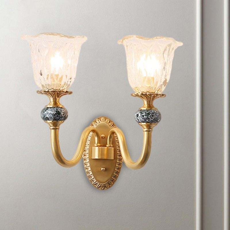 1/2-Head Floral Wall Mount Lamp Classic Style Brass Clear Ribbed Glass Wall Sconce Lighting with Swooping Arm Clearhalo 'Wall Lamps & Sconces' 'Wall Lights' Lighting' 1580786