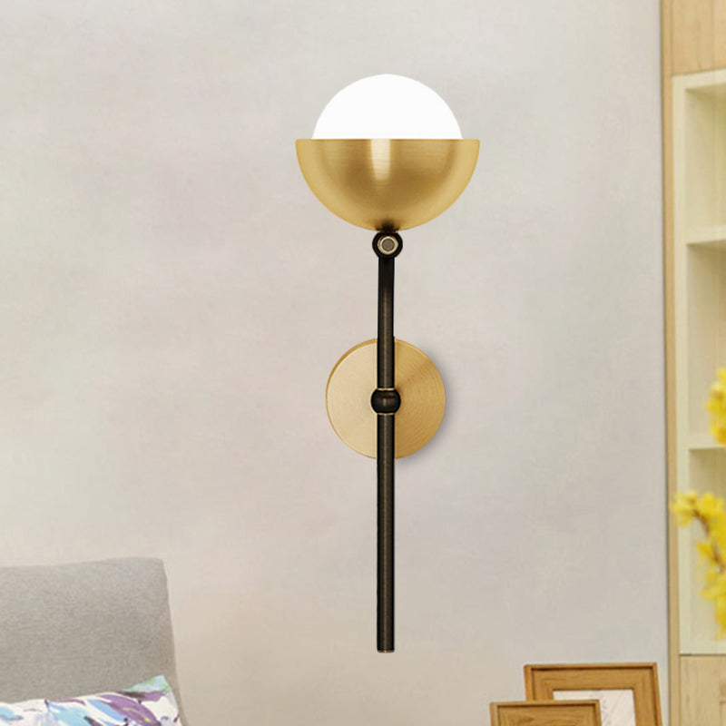 Metallic Hemisphere Wall Sconce Traditional 1-Head Sitting Room LED Wall Mount Light with Orb White Glass Shade in Brass/Black and Gold Clearhalo 'Wall Lamps & Sconces' 'Wall Lights' Lighting' 1580808