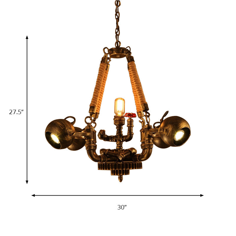 5 Lights Ball Chandelier Lighting with Global Shade Retro Bronze Metal and Rope Hanging Pendant for Bar Clearhalo 'Cast Iron' 'Ceiling Lights' 'Chandeliers' 'Industrial Chandeliers' 'Industrial' 'Metal' 'Middle Century Chandeliers' 'Rustic Chandeliers' 'Tiffany' Lighting' 158316