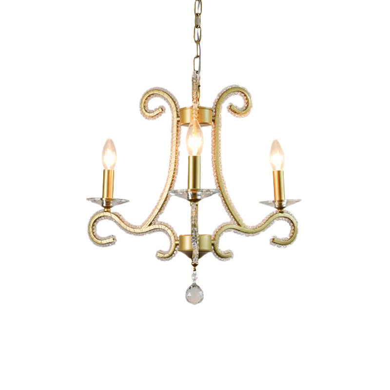 Traditional Candlestick Chandelier 3/6 Heads Crystal Beaded Suspension Lighting with Scroll Arm in Gold Clearhalo 'Ceiling Lights' 'Chandeliers' Lighting' options 1583264