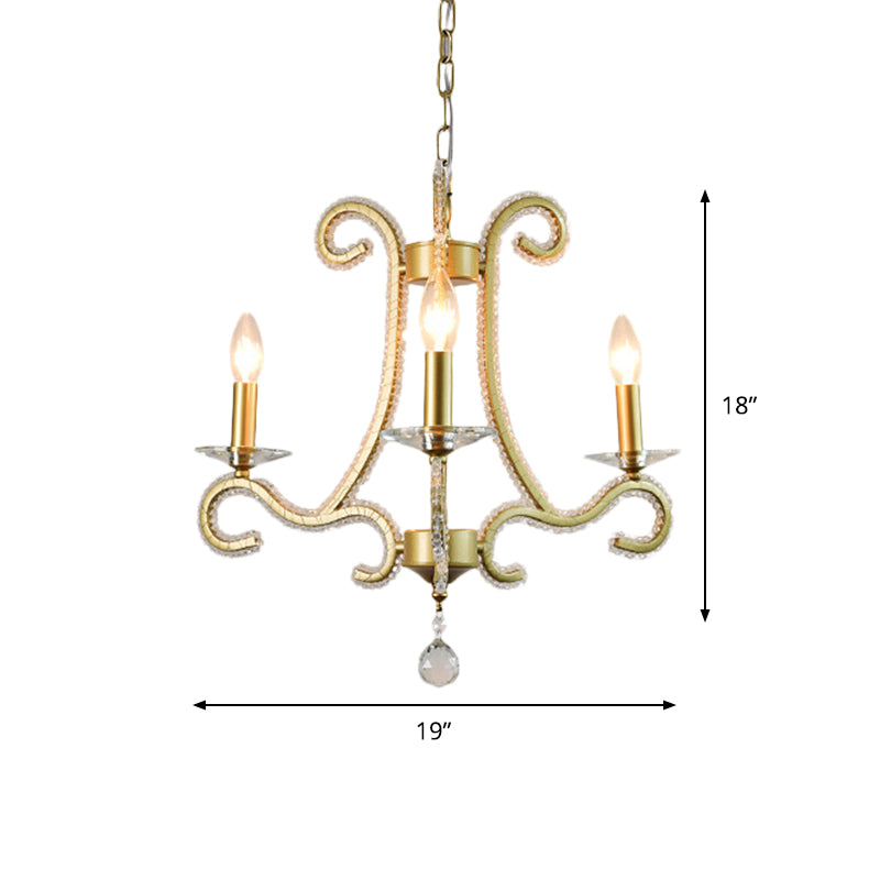 Traditional Candlestick Chandelier 3/6 Heads Crystal Beaded Suspension Lighting with Scroll Arm in Gold Clearhalo 'Ceiling Lights' 'Chandeliers' Lighting' options 1583266