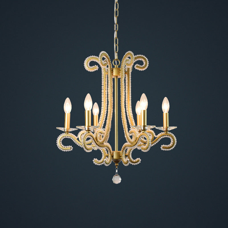 Traditional Candlestick Chandelier 3/6 Heads Crystal Beaded Suspension Lighting with Scroll Arm in Gold Clearhalo 'Ceiling Lights' 'Chandeliers' Lighting' options 1583270