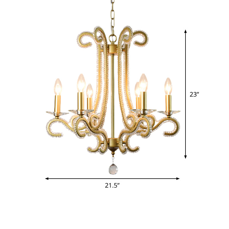 Traditional Candlestick Chandelier 3/6 Heads Crystal Beaded Suspension Lighting with Scroll Arm in Gold Clearhalo 'Ceiling Lights' 'Chandeliers' Lighting' options 1583271