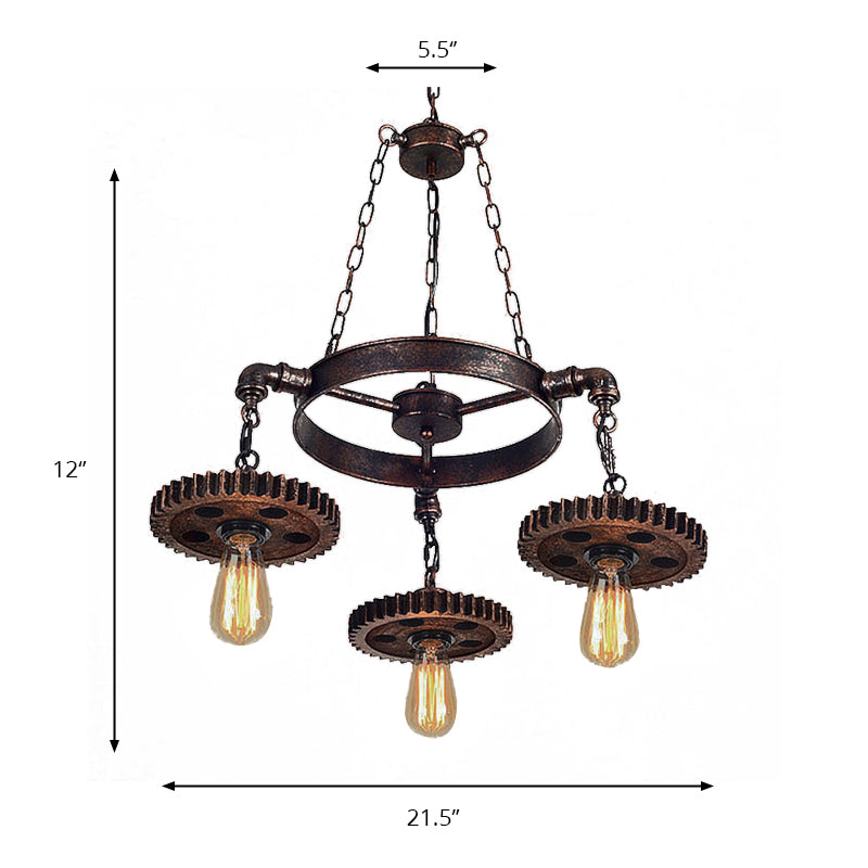 Dark Rust Exposed Bulb Pendant Light Retro Industrial Metal 3 Heads Restaurant Chandelier Lighting with Gear Decoration Clearhalo 'Cast Iron' 'Ceiling Lights' 'Chandeliers' 'Industrial Chandeliers' 'Industrial' 'Metal' 'Middle Century Chandeliers' 'Rustic Chandeliers' 'Tiffany' Lighting' 158330