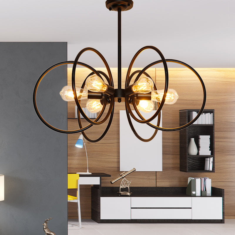 Multi Ring Metal Chandelier Light Vintage Style 6 Lights Restaurant Ceiling Light Fixture in Black Black Clearhalo 'Cast Iron' 'Ceiling Lights' 'Chandeliers' 'Industrial Chandeliers' 'Industrial' 'Metal' 'Middle Century Chandeliers' 'Rustic Chandeliers' 'Tiffany' Lighting' 158360