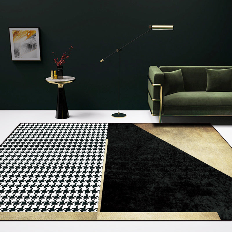 Black Bedroom Rug Modern Color Block Houndstooth Pattern Area Rug Polyester Pet Friendly Carpet Gold Clearhalo 'Area Rug' 'Modern' 'Rugs' Rug' 1584496