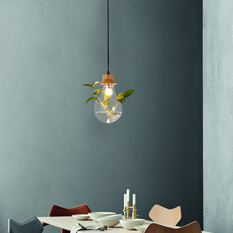 Exposed Bulb Dining Room Hanging Light Kit Industrial Clear Glass 1 Light Wood Pendant Lighting with Cap Clear Clearhalo 'Ceiling Lights' 'Glass shade' 'Glass' 'Industrial Pendants' 'Industrial' 'Island Lights' 'Middle Century Pendants' 'Pendant Lights' 'Pendants' 'Tiffany' Lighting' 158647