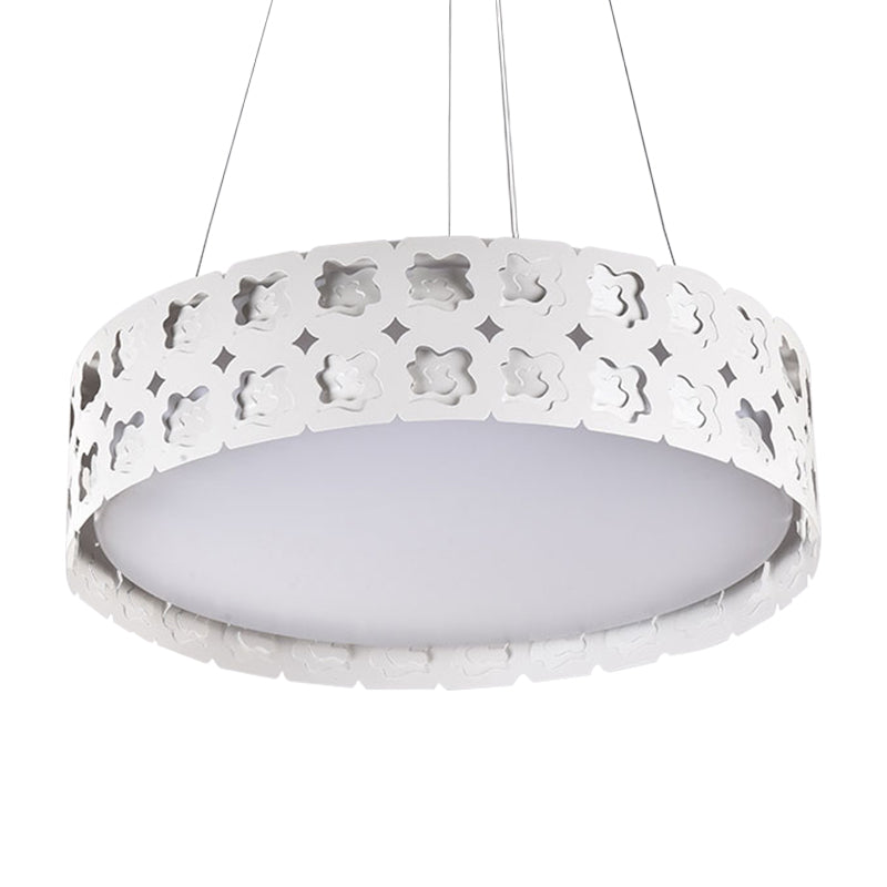 Etched Flower Drum Pendant Light Contemporary Metal LED White Suspension Lamp in White/Warm Light, 14