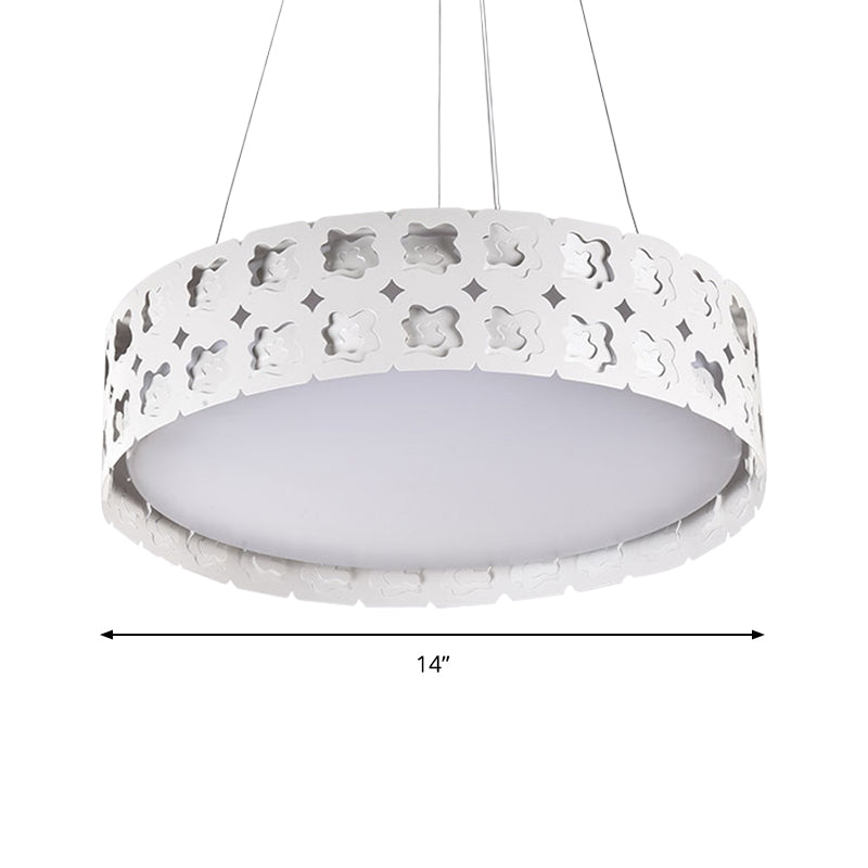 Etched Flower Drum Pendant Light Contemporary Metal LED White Suspension Lamp in White/Warm Light, 14