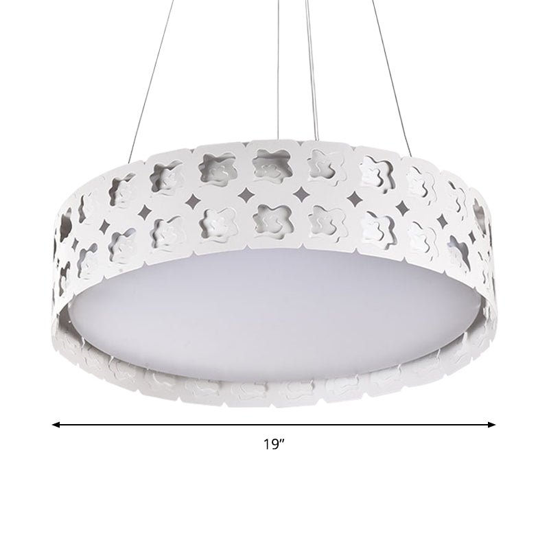 Etched Flower Drum Pendant Light Contemporary Metal LED White Suspension Lamp in White/Warm Light, 14