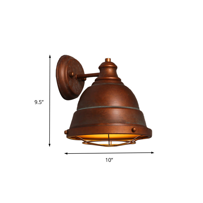 1 Light Dome Wall Lamp with Wire Cage Vintage Style Black/Weathered Copper Iron Wall Sconce for Staircase Clearhalo 'Art deco wall lights' 'Cast Iron' 'Glass' 'Industrial wall lights' 'Industrial' 'Middle century wall lights' 'Modern' 'Rustic wall lights' 'Tiffany' 'Traditional wall lights' 'Wall Lamps & Sconces' 'Wall Lights' Lighting' 159121