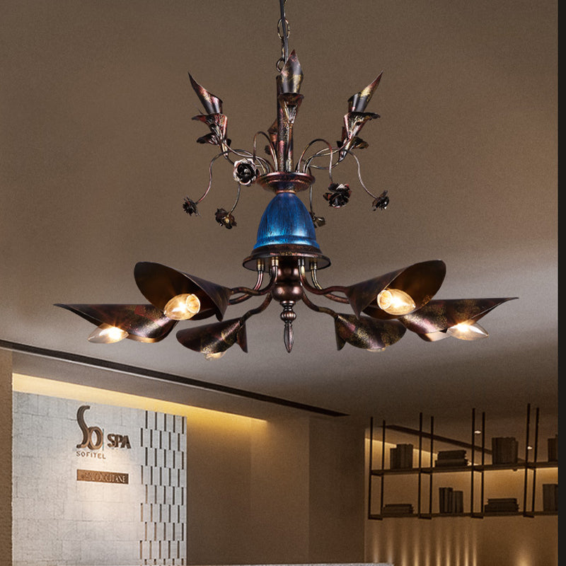 Villa Horn Shade Chandelier Metallic 6 Bulbs Classic Style Pendant Light in Rust Bronze Clearhalo 'Ceiling Lights' 'Chandeliers' Lighting' options 159137_f4b0a19a-31a3-4f79-b9a6-2b34c2f309d3