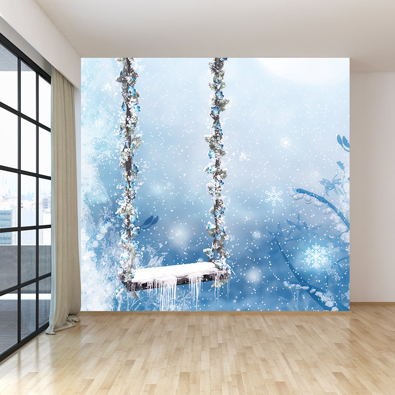 White Contemporary Mural Wallpaper Big Snow-Covered Swing Chair Wall Art for Playroom Clearhalo 'Wall Decor' 'Wall Mural' 1595381