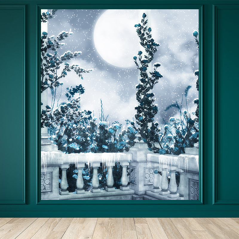 Waterproofing Balcony and Trees Mural Modern Non-Woven Wall Decor, Custom Printed Blue Clearhalo 'Wall Decor' 'Wall Mural' 1595845