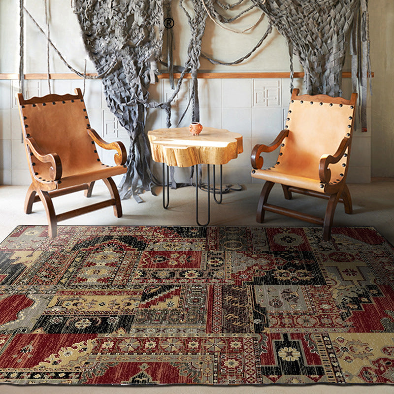 Red and Brown Bedroom Rug Southwestern Geometry Floral Pattern Area Rug Polyester Non-Slip Carpet Clearhalo 'Area Rug' 'Rugs' 'Southwestern' Rug' 1596473