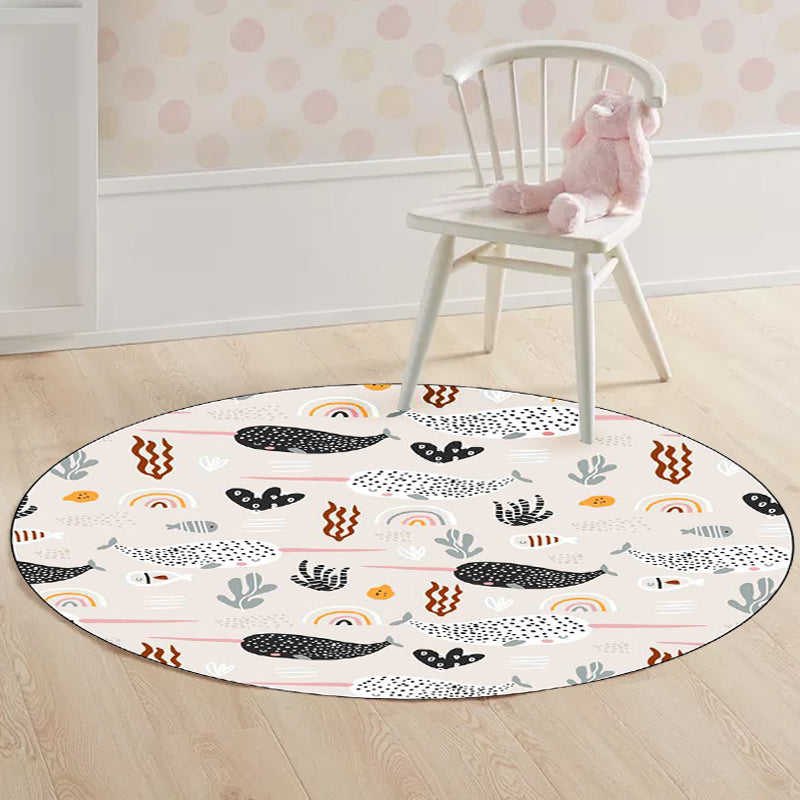 Cute Kids Rug in Ivory Animal Whale Leaf Pattern Rug Polyester Anti-Slip Washable Carpet for Nursery Clearhalo 'Area Rug' 'Rug' 1597229