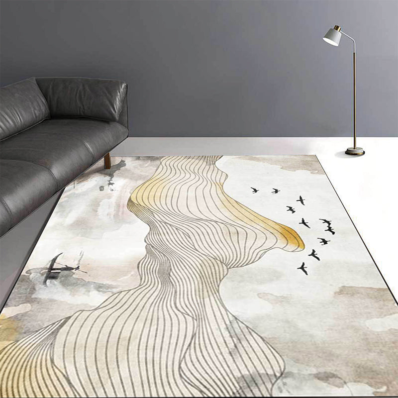 Yellow Oriental Rug Polyester Swirl Stripe Bird Character Pattern Rug Washable Non-Slip Backing Carpet for Living Room Clearhalo 'Area Rug' 'Modern' 'Rugs' Rug' 1597271