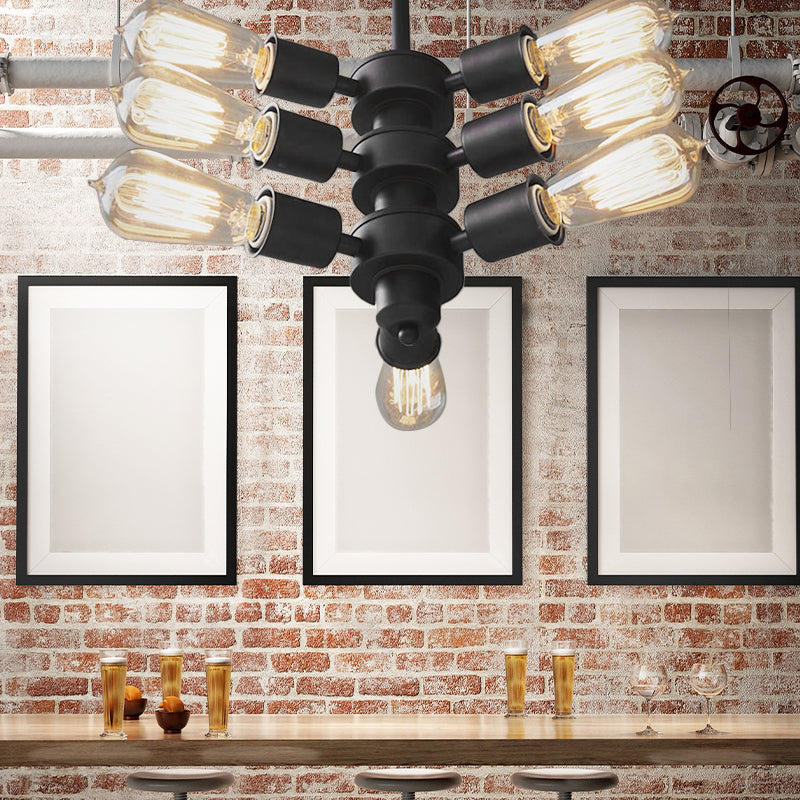 3/4/5 Lights Bare Bulb Chandelier Light Vintage Black Finish Metal Ceiling Light with Hanging Rod for Bar 9 Black Clearhalo 'Cast Iron' 'Ceiling Lights' 'Chandeliers' 'Industrial Chandeliers' 'Industrial' 'Metal' 'Middle Century Chandeliers' 'Rustic Chandeliers' 'Tiffany' Lighting' 159743