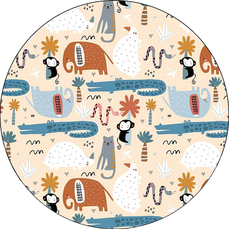 Ivory Child's Room Rug Kids Animal Elephant Monkey Crocodile Pattern Area Rug Polyester Pet Friendly Carpet Clearhalo 'Area Rug' 'Rug' 1597592