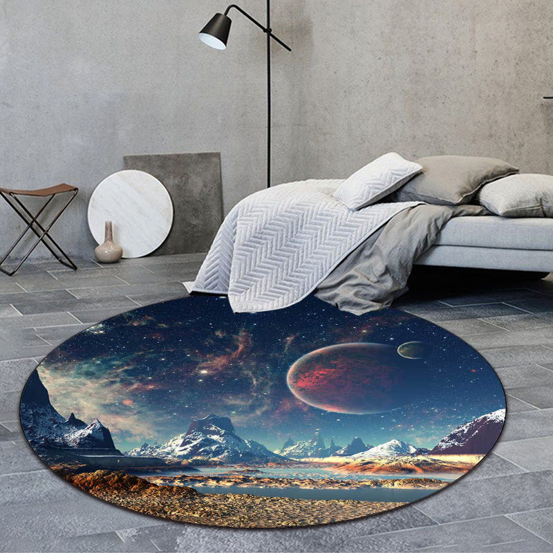 Blue Bedroom Rug Modern Outer Space Galaxy Planet Pattern Area Rug Polyester Washable Non-Slip Carpet Blue Clearhalo 'Area Rug' 'Modern' 'Rugs' Rug' 1598185