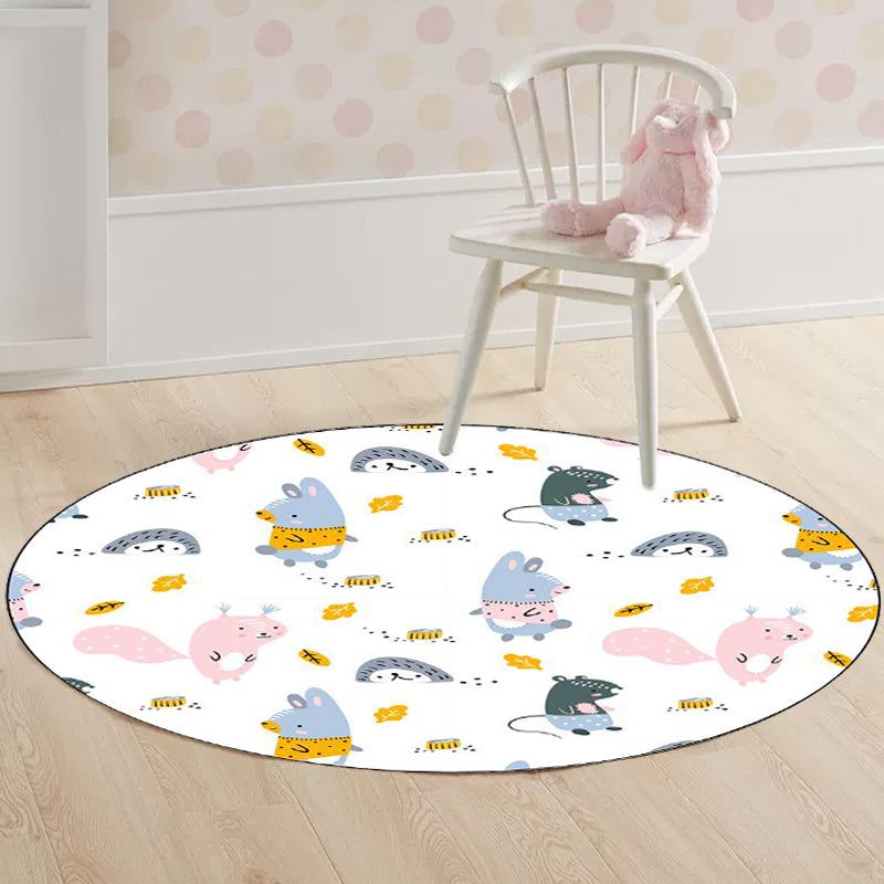 Kids Bedroom Rug in White Animal Rabbit Hedgehog Leaf Print Rug Polyester Machine Washable Pet Friendly Area Rug Clearhalo 'Area Rug' 'Rug' 1598242