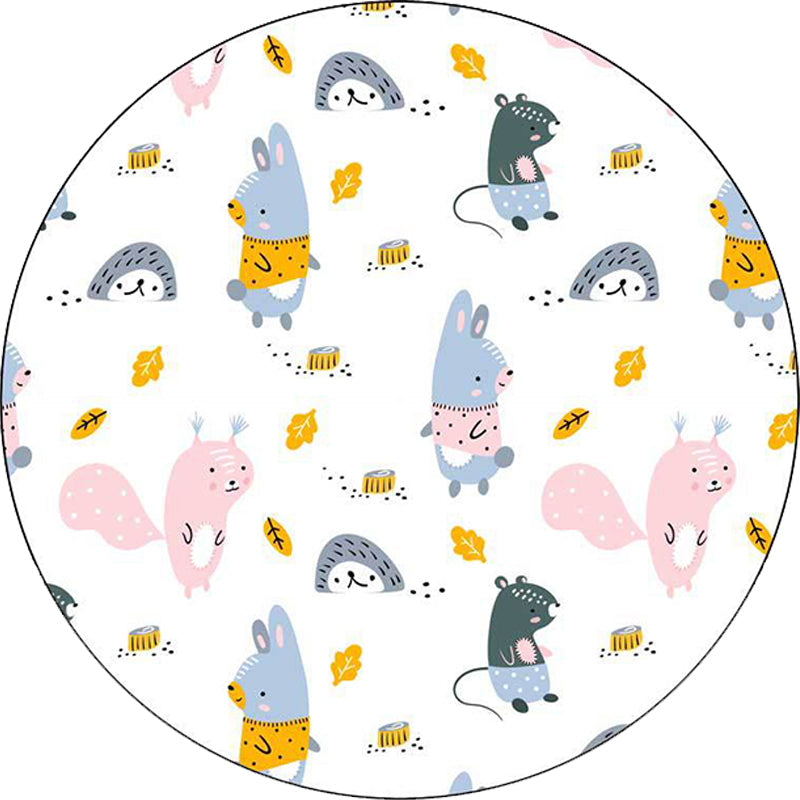 Kids Bedroom Rug in White Animal Rabbit Hedgehog Leaf Print Rug Polyester Machine Washable Pet Friendly Area Rug Clearhalo 'Area Rug' 'Rug' 1598243