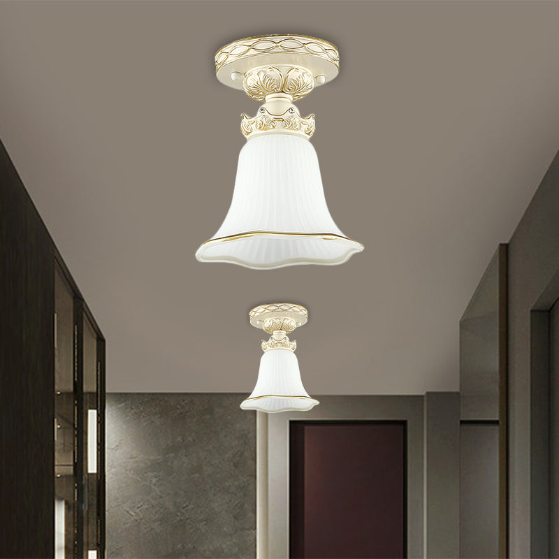 White 1 Head Flush Mount Light Vintage Milky Glass Ridged Flower Ceiling Fixture with Crown Design Clearhalo 'Ceiling Lights' 'Close To Ceiling Lights' 'Close to ceiling' 'Flush mount' Lighting' 1598383