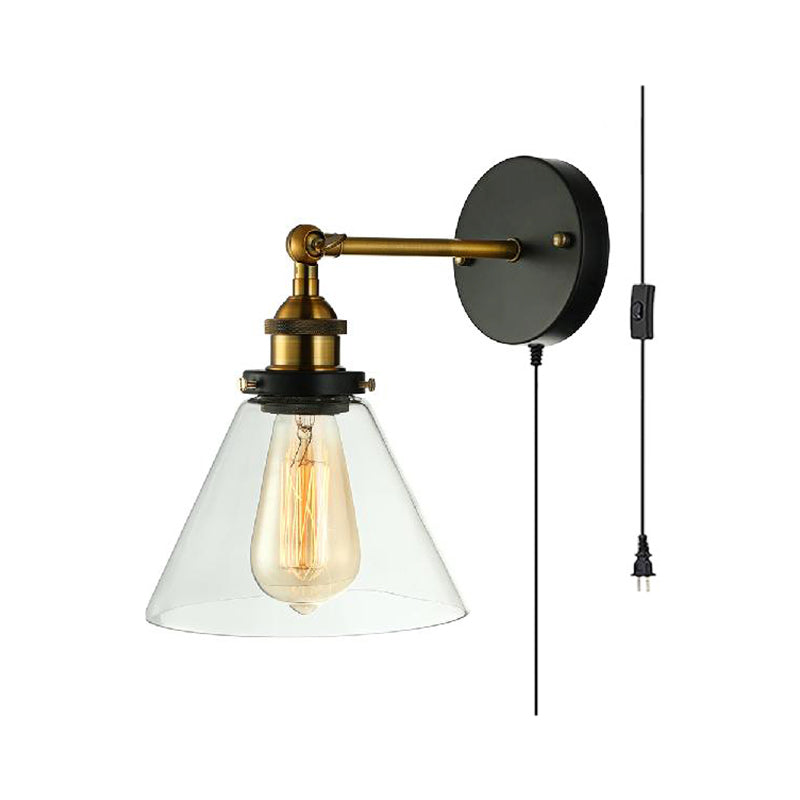 One Bulb Clear Glass Sconce Light Fixture Industrial Black Conical Bedroom Wall Lamp Clearhalo 'Art deco wall lights' 'Cast Iron' 'Glass' 'Industrial wall lights' 'Industrial' 'Middle century wall lights' 'Modern' 'Rustic wall lights' 'Tiffany' 'Traditional wall lights' 'Wall Lamps & Sconces' 'Wall Lights' Lighting' 160017