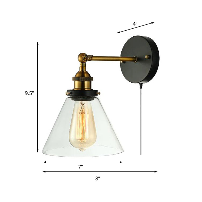 One Bulb Clear Glass Sconce Light Fixture Industrial Black Conical Bedroom Wall Lamp Clearhalo 'Art deco wall lights' 'Cast Iron' 'Glass' 'Industrial wall lights' 'Industrial' 'Middle century wall lights' 'Modern' 'Rustic wall lights' 'Tiffany' 'Traditional wall lights' 'Wall Lamps & Sconces' 'Wall Lights' Lighting' 160018