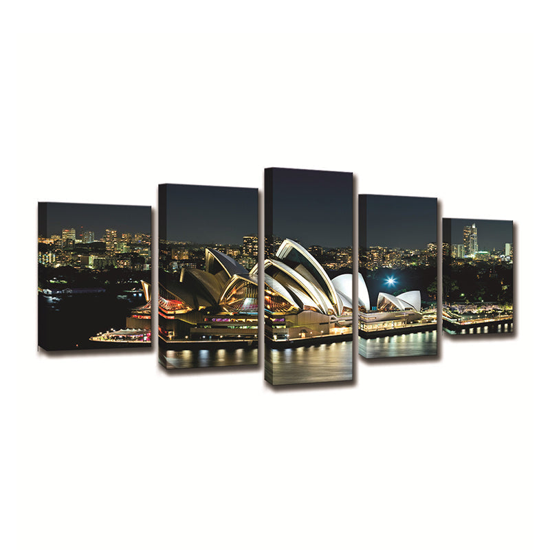 Sydney Opera Theater Wall Art Global Inspired Luminous Night City Canvas in Black Clearhalo 'Art Gallery' 'Canvas Art' 'Contemporary Art Gallery' 'Modern' Arts' 1600283