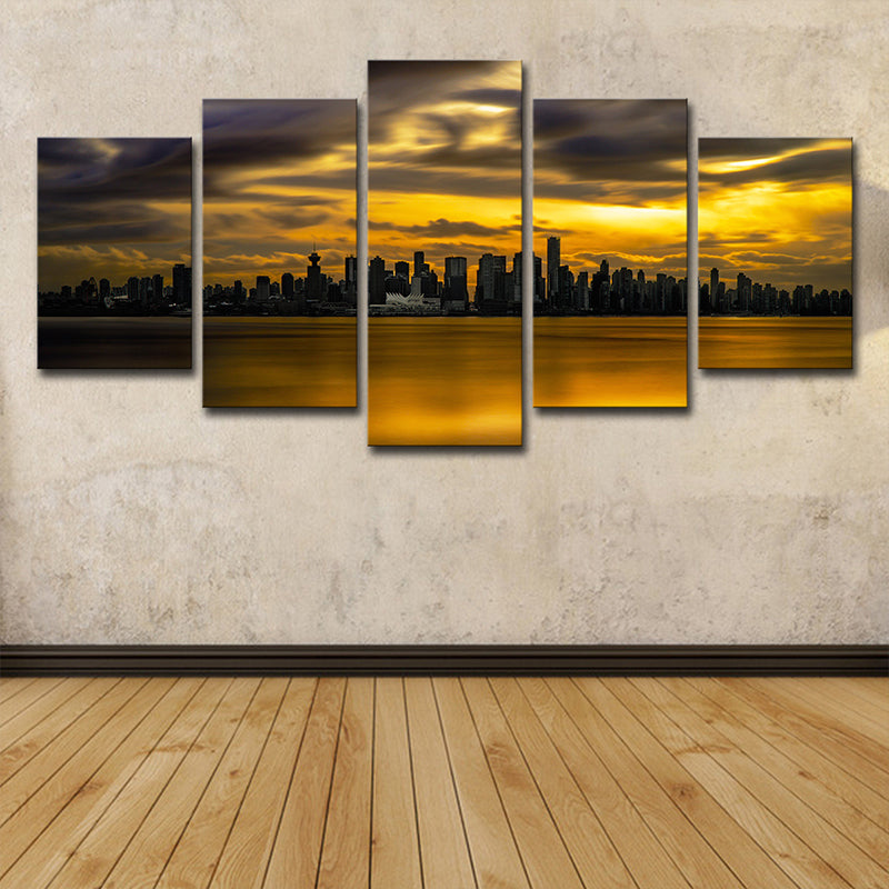 Yellow Sundown Landscape Wall Art Cityscape Modernist Multi-Piece Canvas Print for Corridor Yellow Clearhalo 'Art Gallery' 'Canvas Art' 'Contemporary Art Gallery' 'Modern' Arts' 1600519