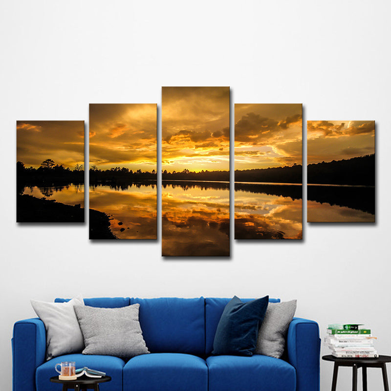 Yellow Contemporary Canvas Kaibab Lake Sundown Scenic Wall Art for Living Room Yellow Clearhalo 'Art Gallery' 'Canvas Art' 'Contemporary Art Gallery' 'Modern' Arts' 1600561