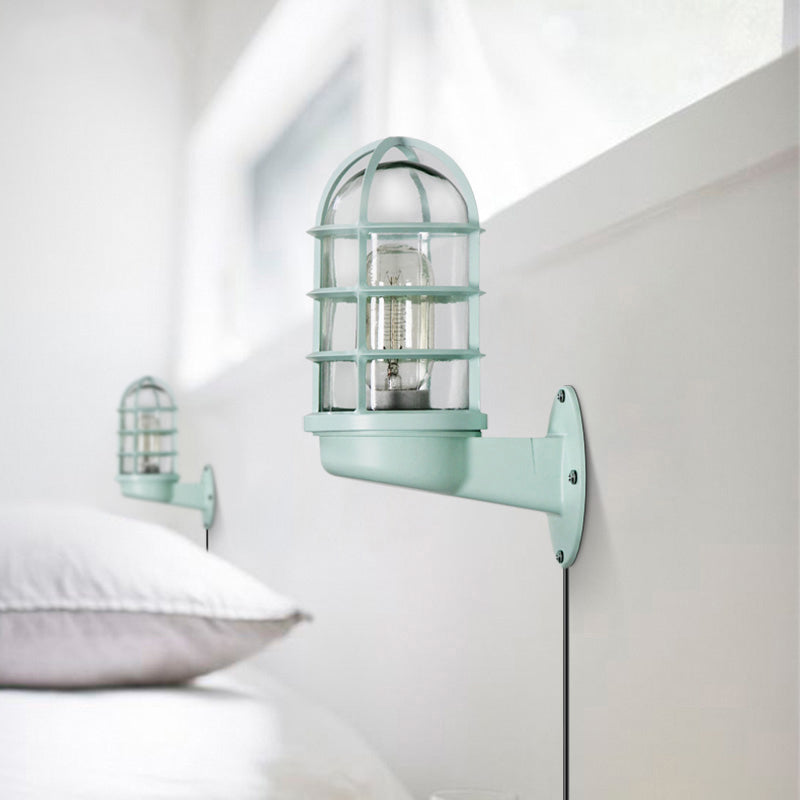 One Bulb Wall Light with Caged Shade Clear Glass Industrial Bathroom Sconce Lighting in Green with Plug-In Cord Clearhalo 'Art deco wall lights' 'Cast Iron' 'Glass' 'Industrial wall lights' 'Industrial' 'Middle century wall lights' 'Modern' 'Rustic wall lights' 'Tiffany' 'Traditional wall lights' 'Wall Lamps & Sconces' 'Wall Lights' Lighting' 160058