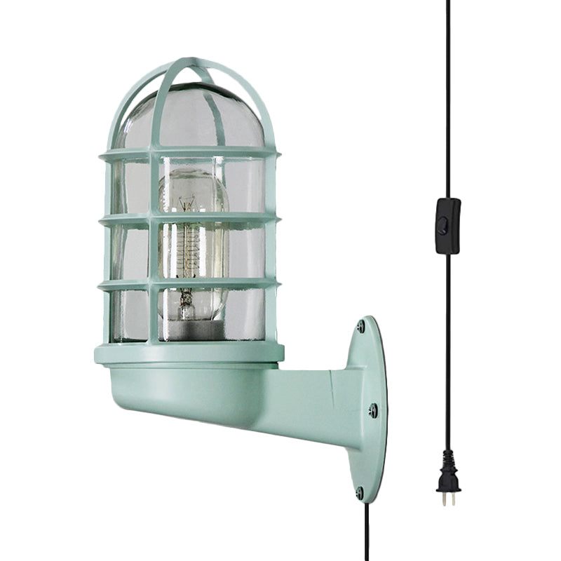 One Bulb Wall Light with Caged Shade Clear Glass Industrial Bathroom Sconce Lighting in Green with Plug-In Cord Clearhalo 'Art deco wall lights' 'Cast Iron' 'Glass' 'Industrial wall lights' 'Industrial' 'Middle century wall lights' 'Modern' 'Rustic wall lights' 'Tiffany' 'Traditional wall lights' 'Wall Lamps & Sconces' 'Wall Lights' Lighting' 160059