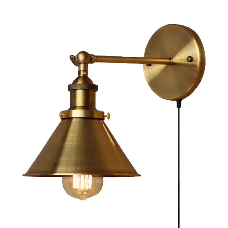 1 Bulb Sconce Wall Lighting with Conic Shade and Plug-In Cord Metal Industrial Indoor Wall Lamp in Brass Clearhalo 'Art deco wall lights' 'Cast Iron' 'Glass' 'Industrial wall lights' 'Industrial' 'Middle century wall lights' 'Modern' 'Rustic wall lights' 'Tiffany' 'Traditional wall lights' 'Wall Lamps & Sconces' 'Wall Lights' Lighting' 160072