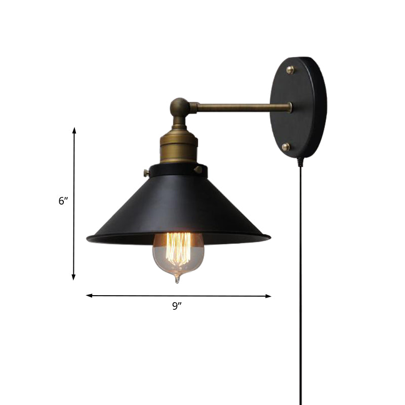 1 Head Metal Wall Mounted Lamp Vintage Style Black Finish Conical Corridor Wall Sconce Lighting Clearhalo 'Art deco wall lights' 'Cast Iron' 'Glass' 'Industrial wall lights' 'Industrial' 'Middle century wall lights' 'Modern' 'Rustic wall lights' 'Tiffany' 'Traditional wall lights' 'Wall Lamps & Sconces' 'Wall Lights' Lighting' 160098